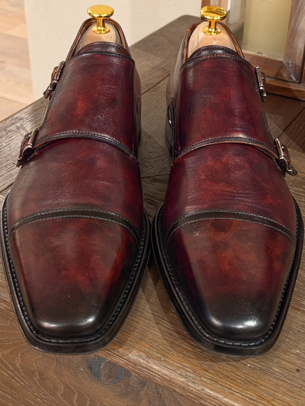 Magnanni Men's Double Monk Strap Oxfords in Deep Brown And Bunished Black - Picture 3 of 5